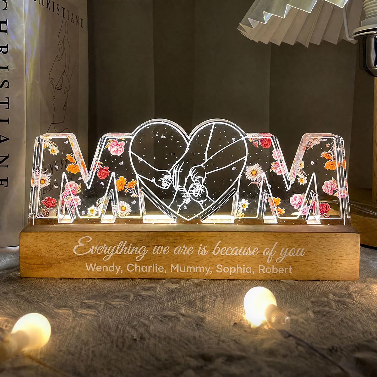 Personalised Mum LED Night Light with Birth Flowers - Hand in Hand Design