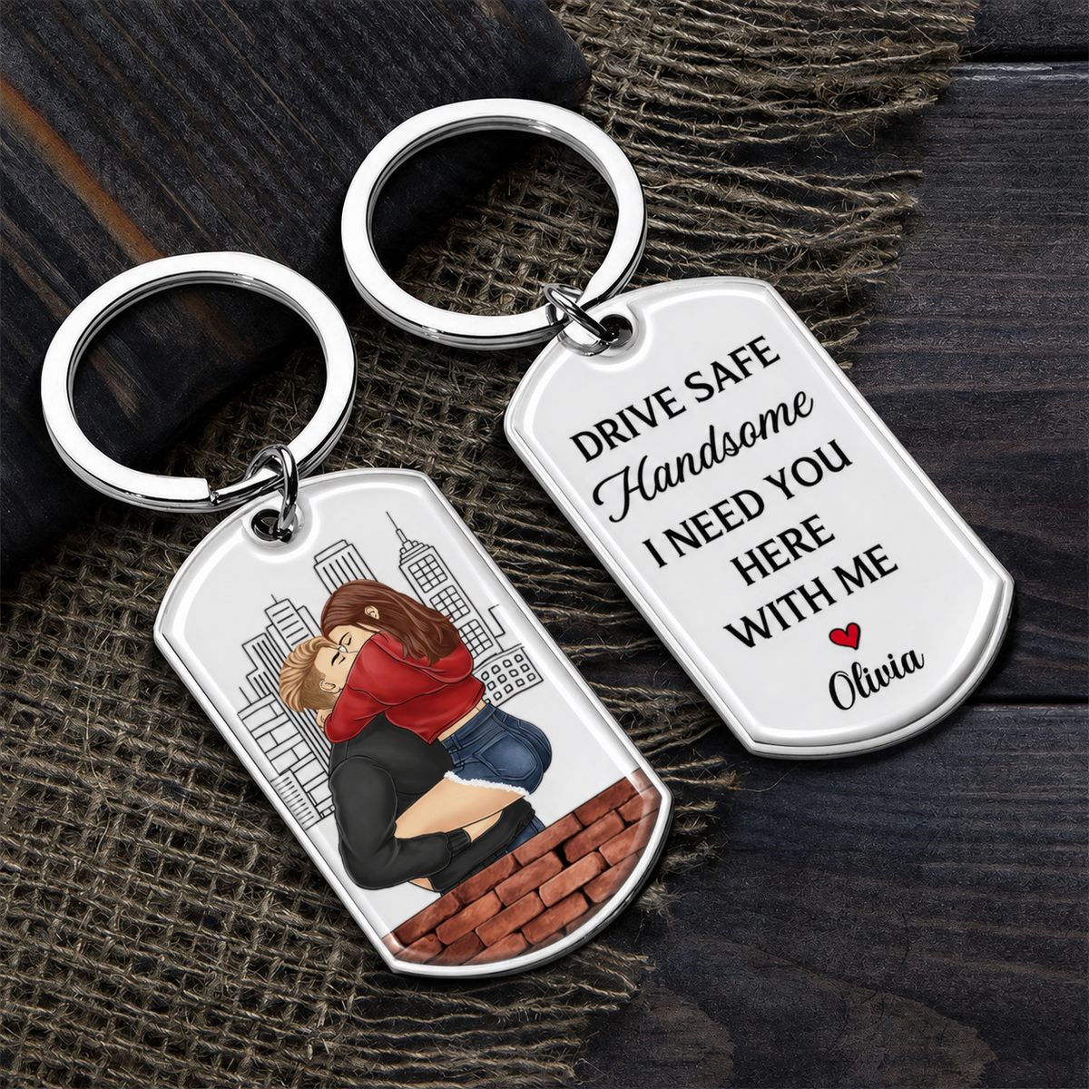 Personalised Couple Stainless Steel Keyring - Drive Safe Design