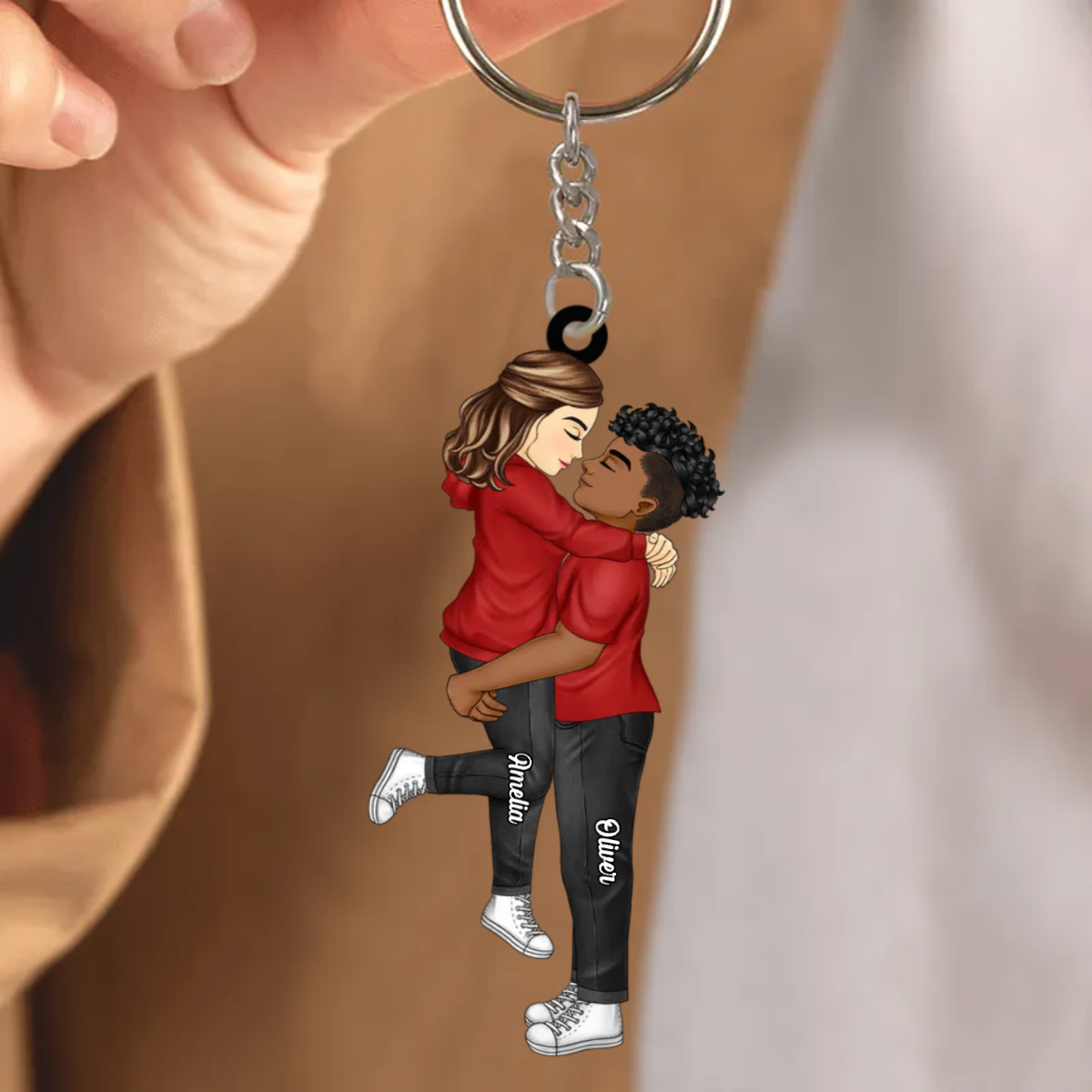 Personalised Couple Acrylic Keyring - Hugging Couple Design