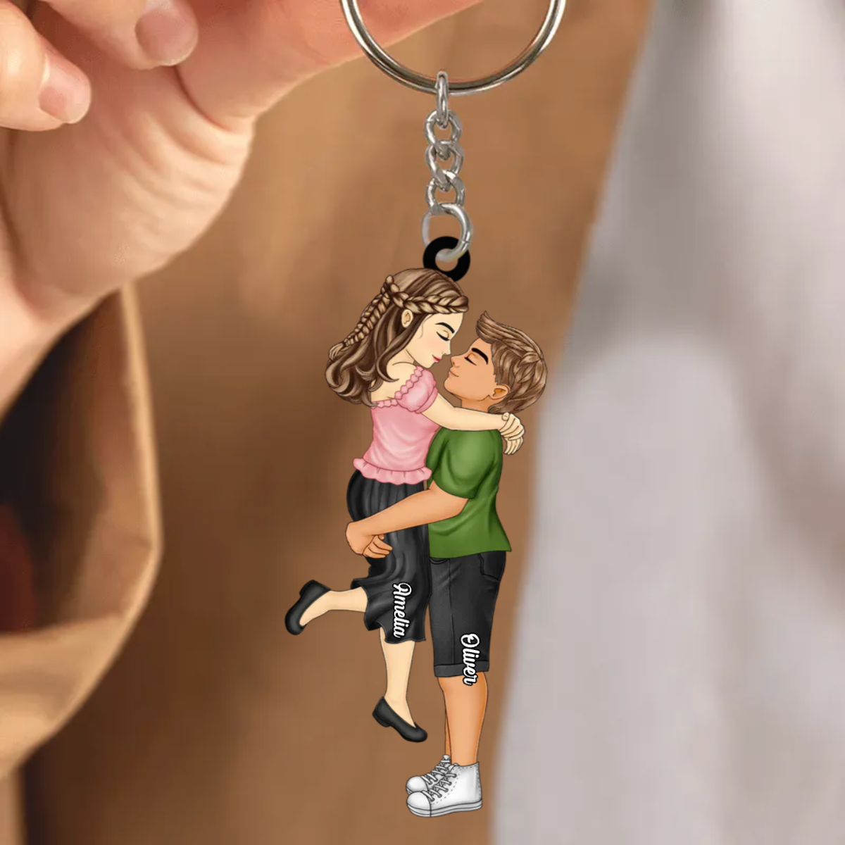 Personalised Couple Acrylic Keyring - Hugging Couple Design