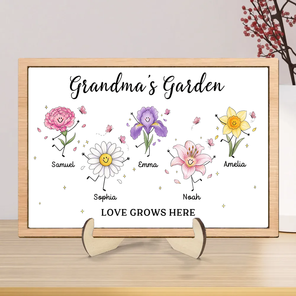 Personalised Wooden Plaque with Birth Flowers & Text - For Grandma