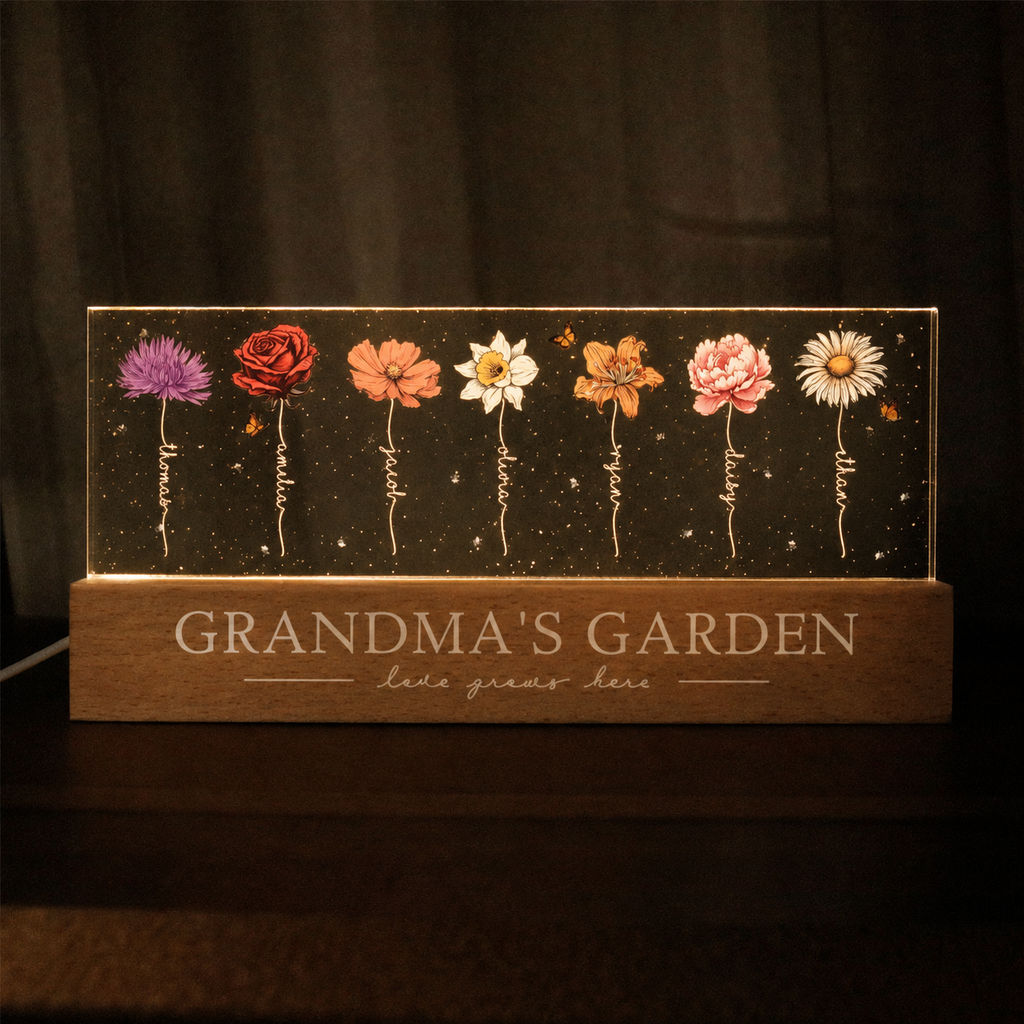 Personalised Grandma LED Night Light with Names - Birthflower Flower Design