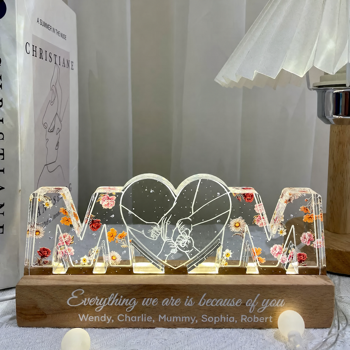 Personalised Mum LED Night Light with Birth Flowers - Hand in Hand Design