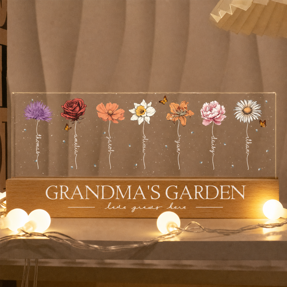 Personalised Grandma LED Night Light with Names - Birthflower Flower Design
