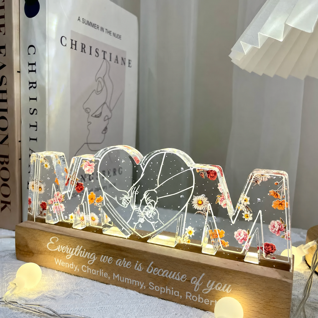 Personalised Mum LED Night Light with Birth Flowers - Hand in Hand Design