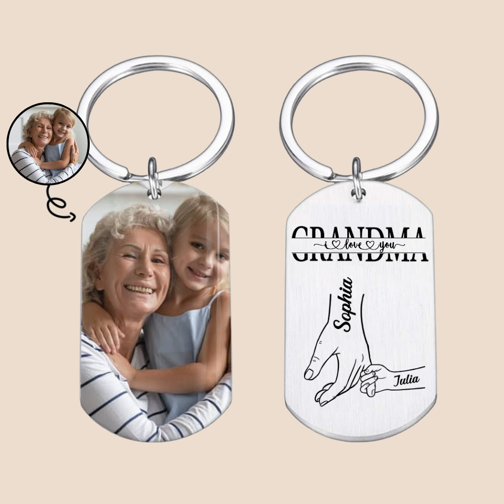 Personalised Photo Stainless Steel Keyring for Mum and Grandma - Hand in Hand Design