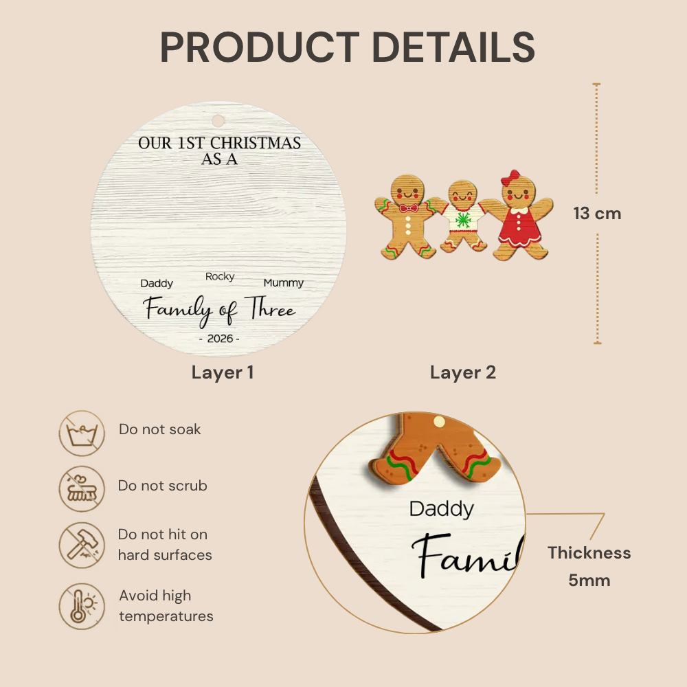 Personalised Wooden Christmas Ornament - "Our 1st Christmas" Gingerbread Man Design