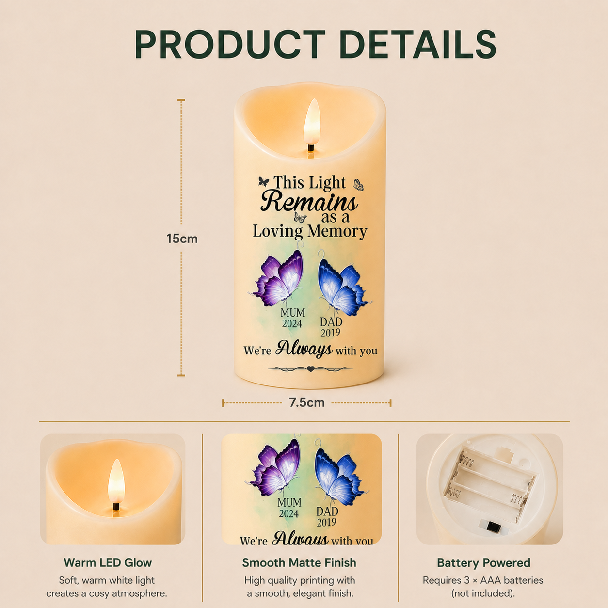 Personalised Memorial LED Candle - Butterfly Design