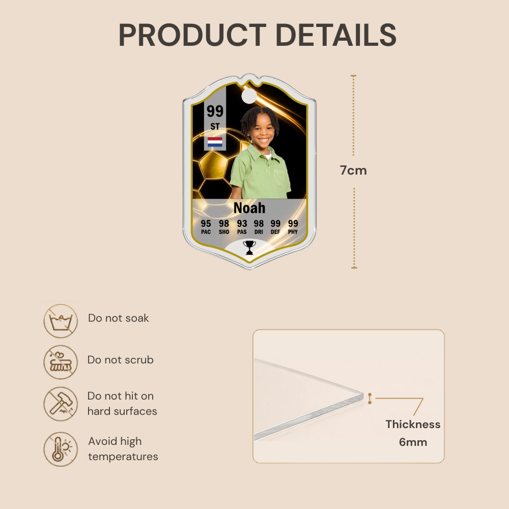Personalised Football Player Card Acrylic Keyring with Photo & Stats