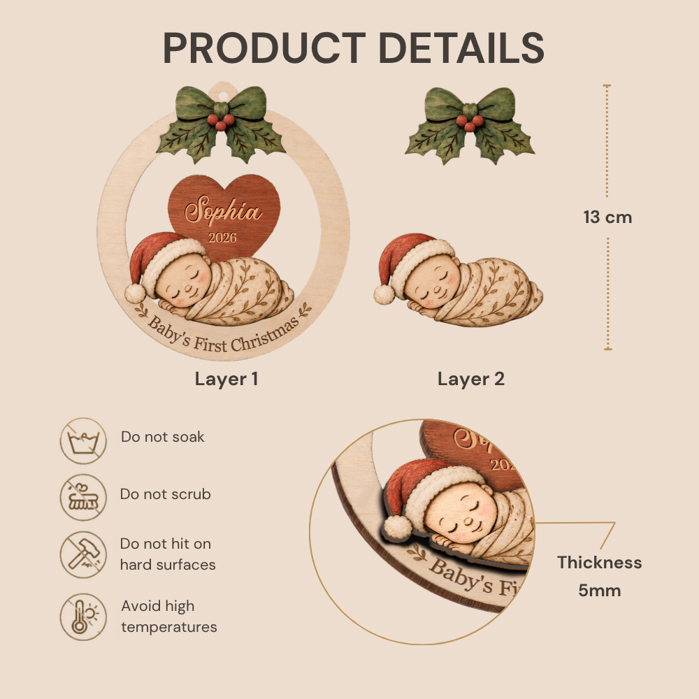 Personalised Baby Wooden Christmas Ornament with Name - Baby's First Christmas