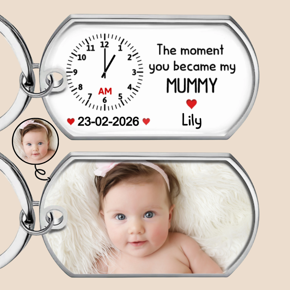 Personalised  Baby Photo Resin Keyring - Clock Design