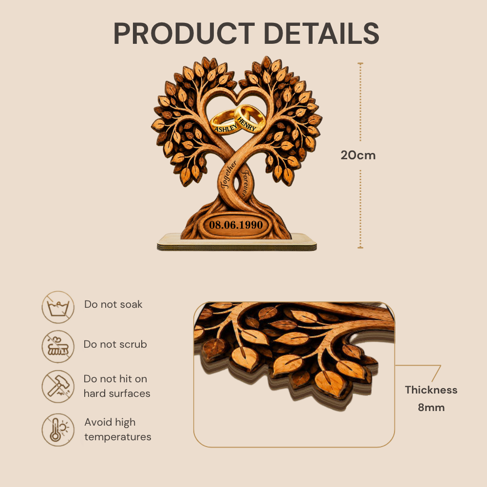 Personalised Couple Wooden Plaque with Name & Date - Tree & Rings Design