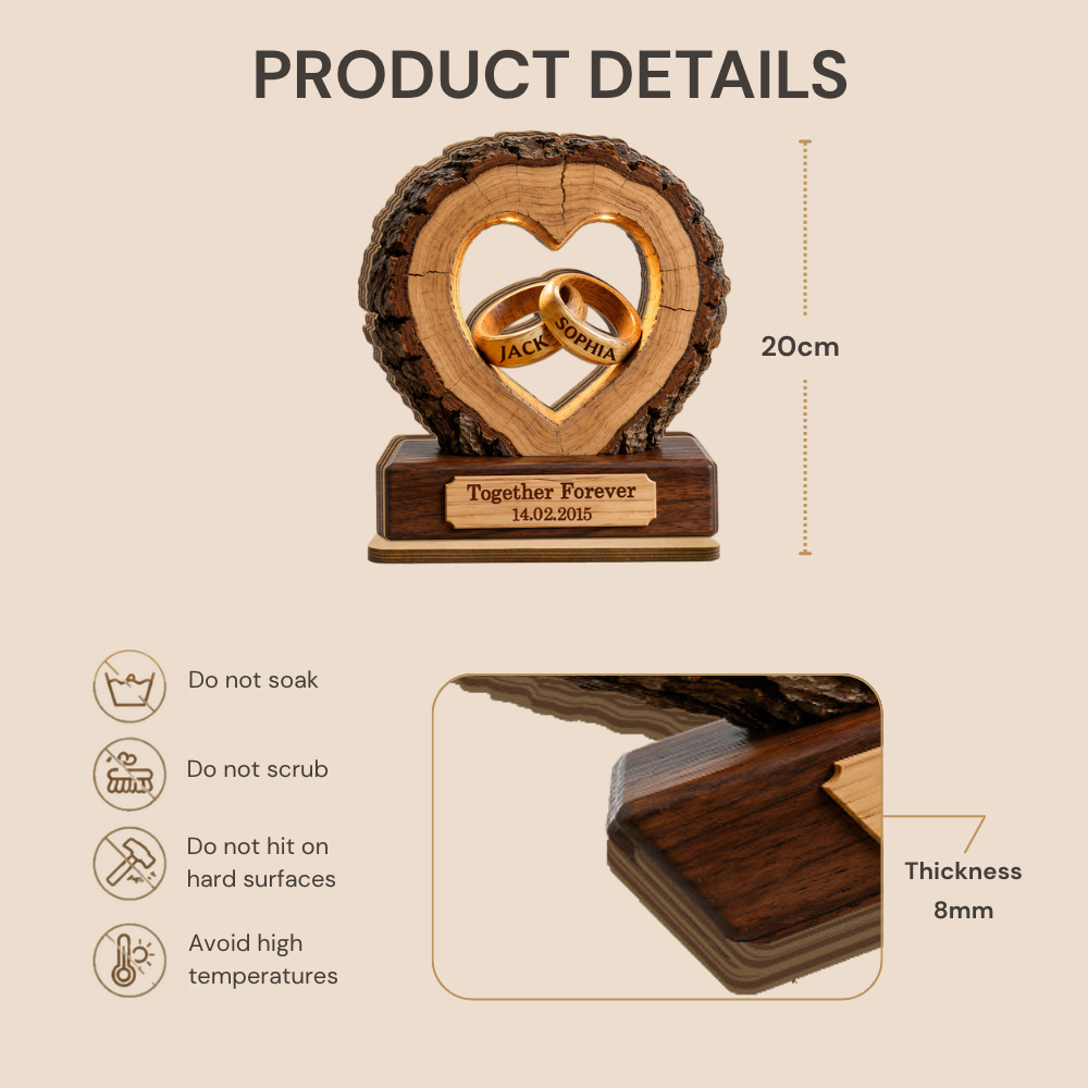 Personalised Anniversary Wooden Plaque for Couples - Ring Design