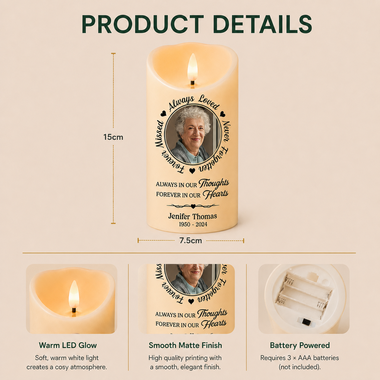 Personalised Memorial LED Candle with Photo, Quotes, Name & Year