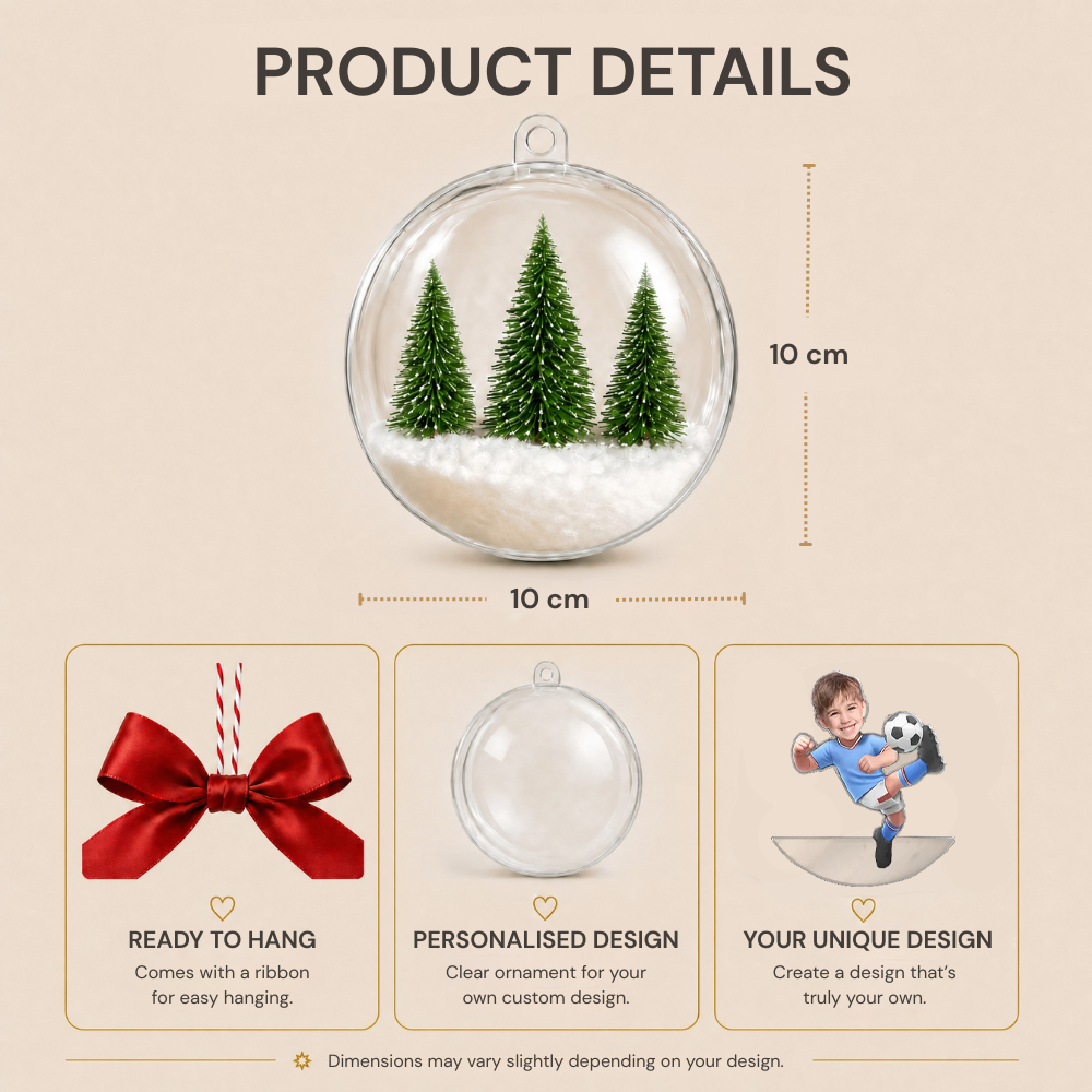 Personalised Clear Christmas Bauble with Photo - Football Kid Design