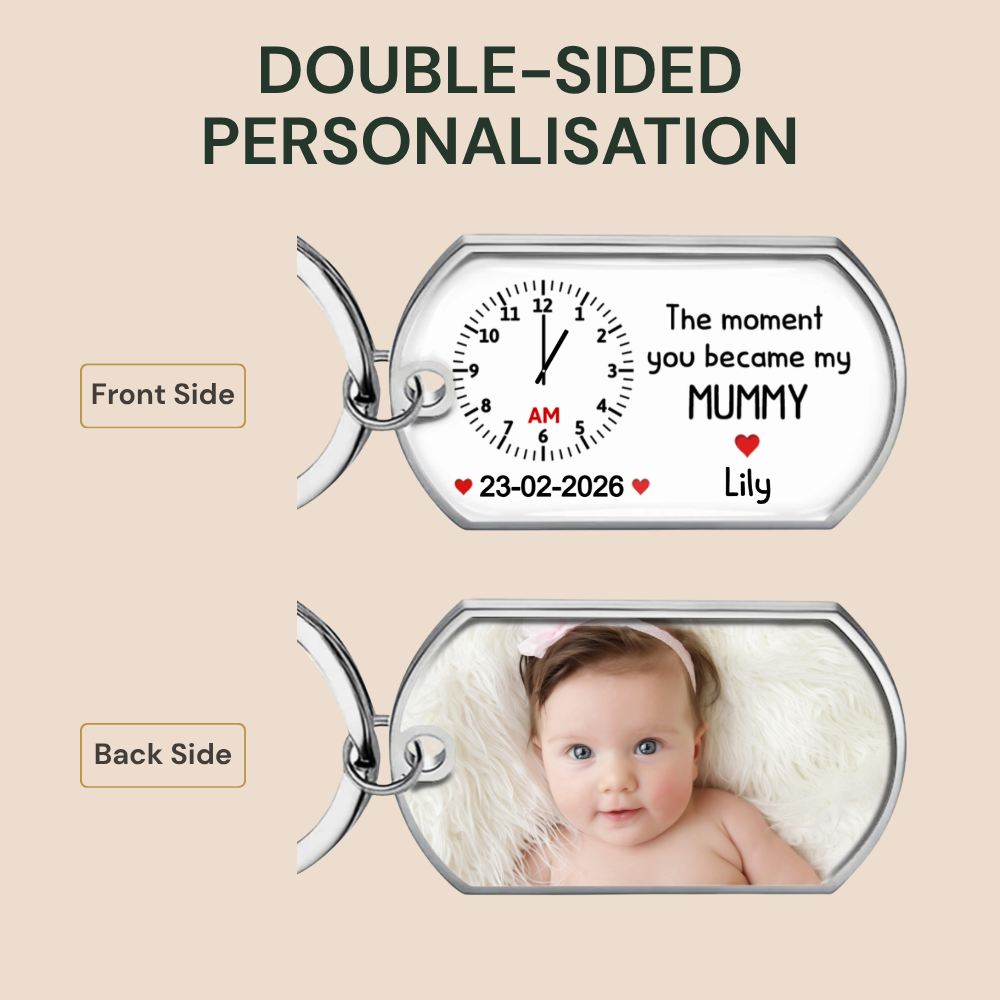 Personalised  Baby Photo Resin Keyring - Clock Design