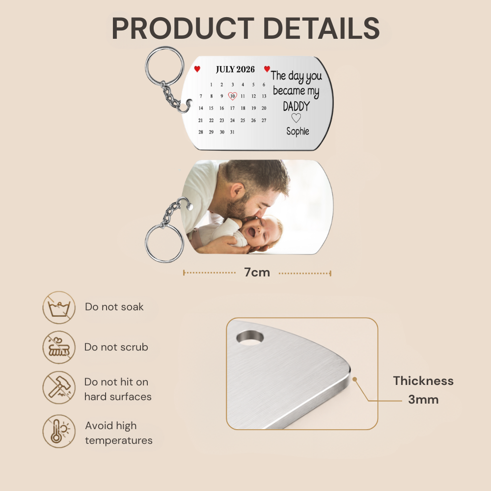 Personalised Photo Stainless Steel Keyring with Calendar - "The Day You Became My..."