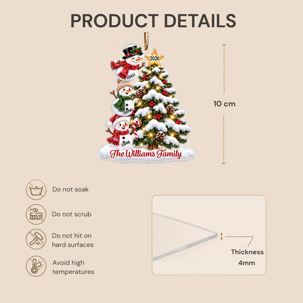Personalised Family Acrylic Christmas Ornament wtih Names & Text - Snowman Design
