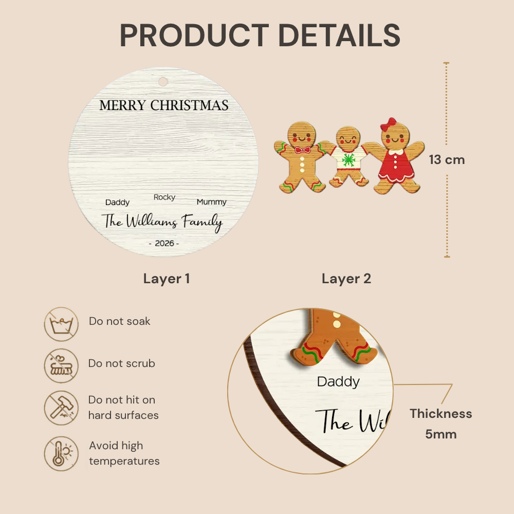 Personalised Layered Wooden Christmas Ornament with Names - Gingerbread Man Design