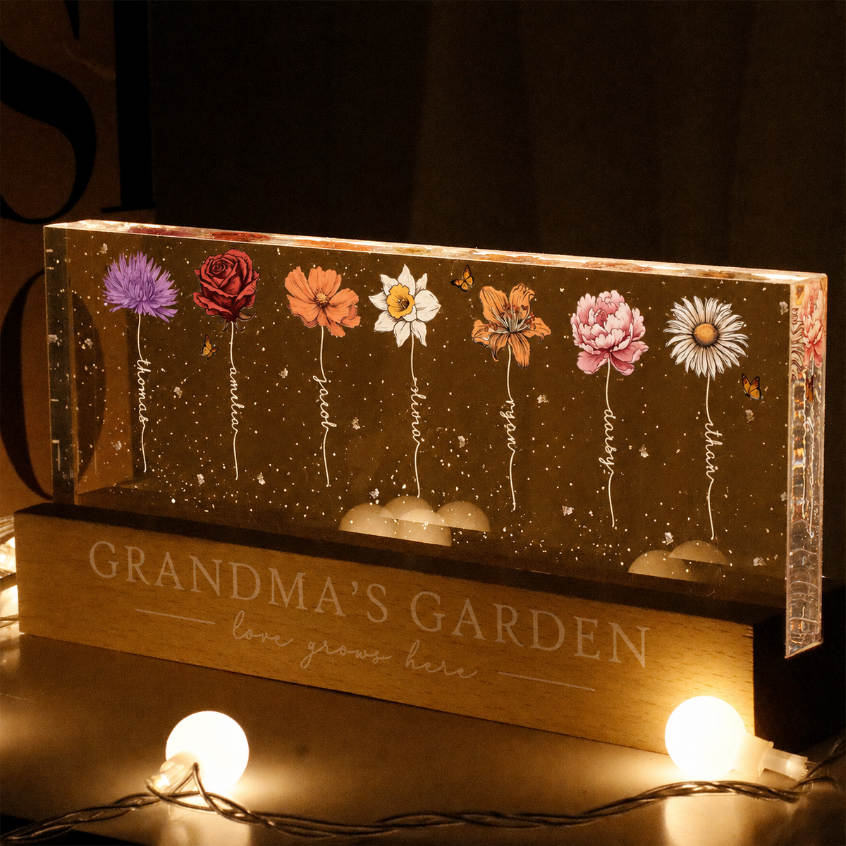 Personalised Grandma LED Night Light with Names - Birthflower Flower Design
