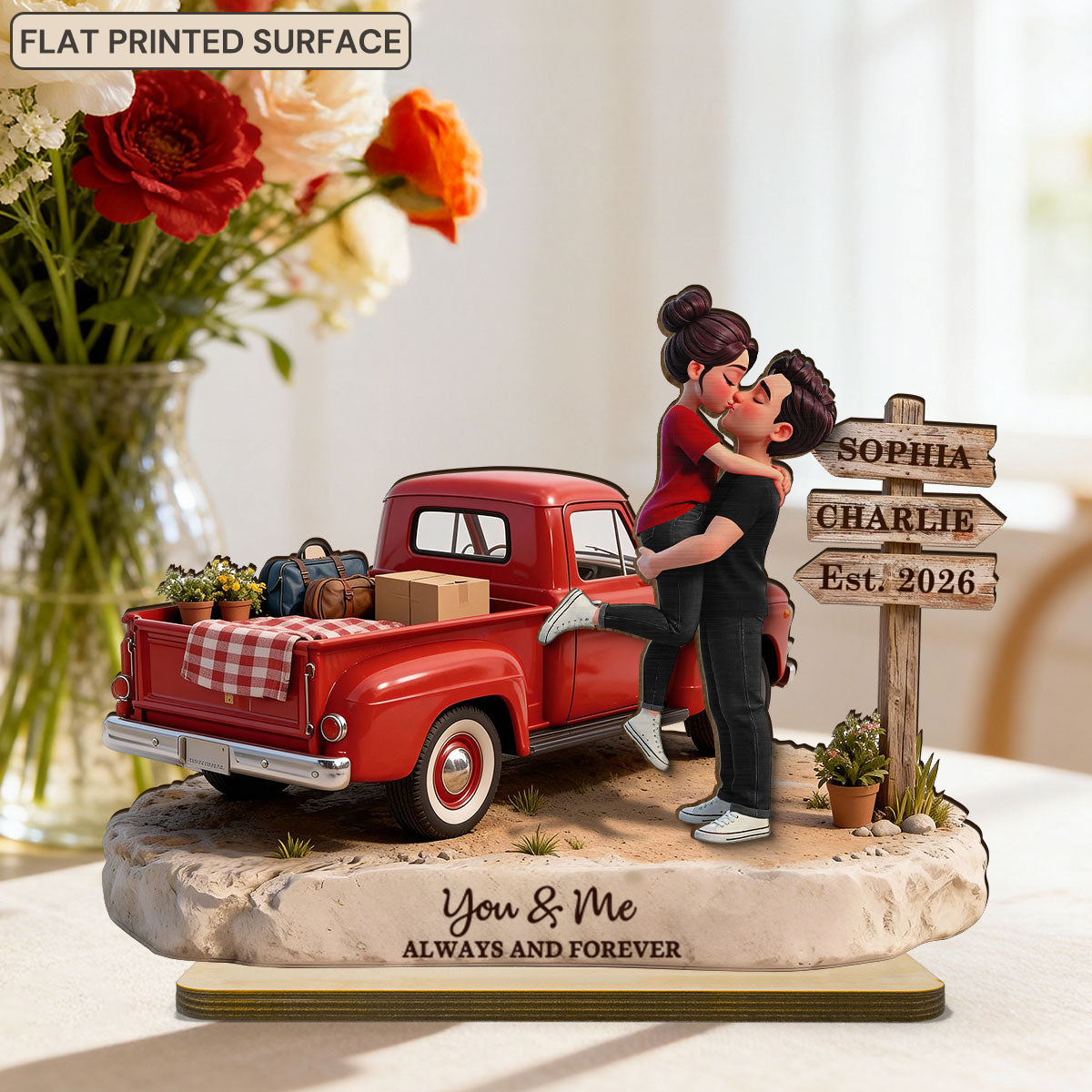 Personalised Couple Wooden Plaque - Couple and Pick‑Up Truck Design