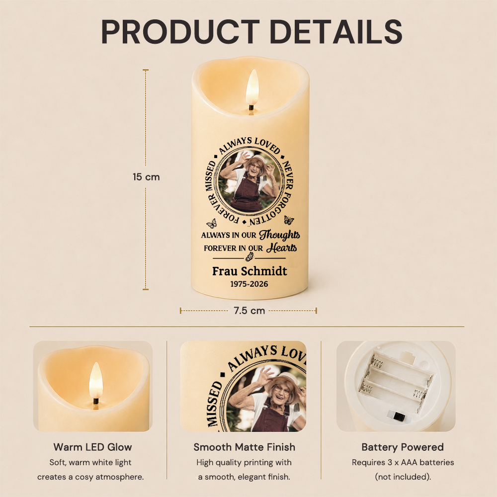 Personalised Memorial LED Candle with Photo & Quote - Always Loved