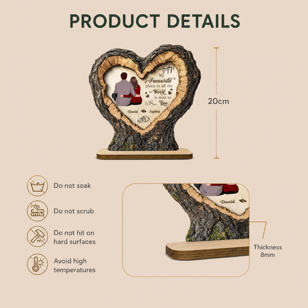 Personalised Couple Layered Wooden Plaque - Heart and Hugging Couple Design