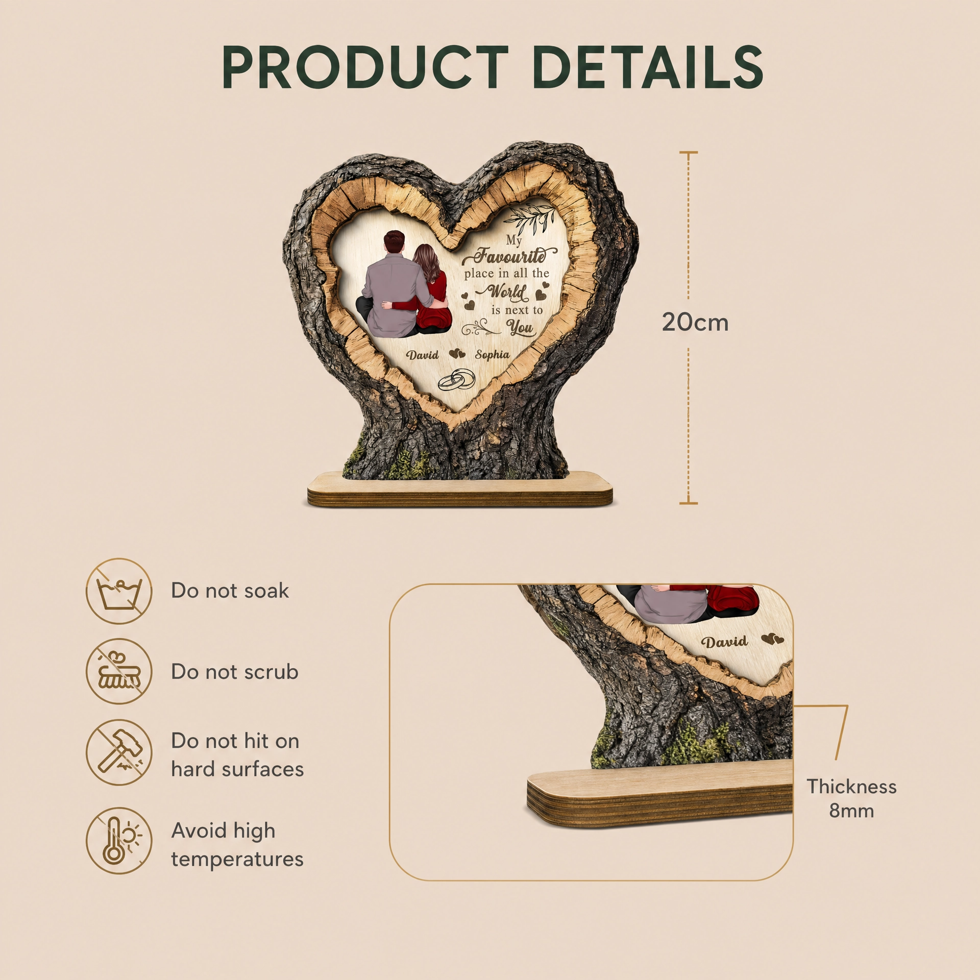 Personalised Couple Layered Wooden Plaque - Heart and Hugging Couple Design